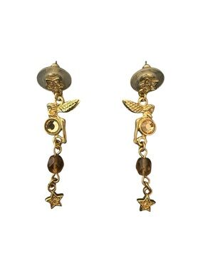 NOS Kirks Folly Fairy Gold Tone Crystal Dangling Earrings Vintage W/ Box & Pouch